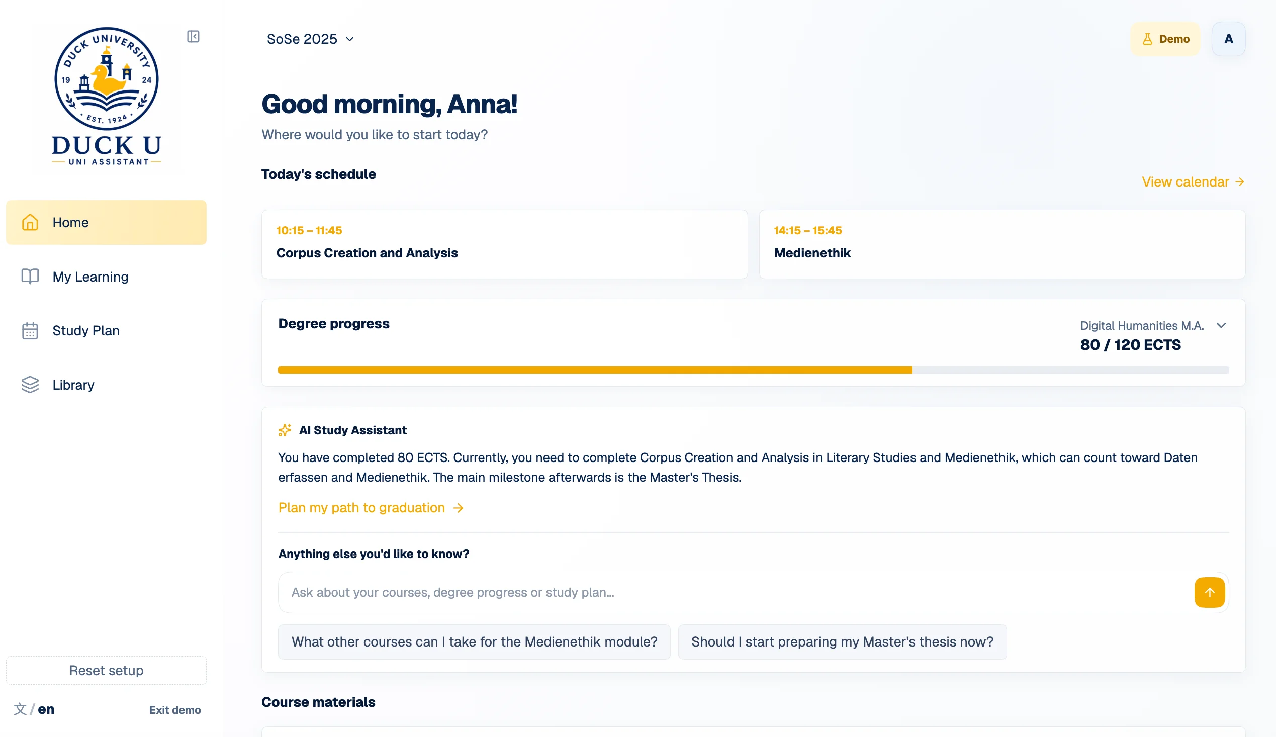 Dashboard with today’s courses, degree progress and AI Study Assistant