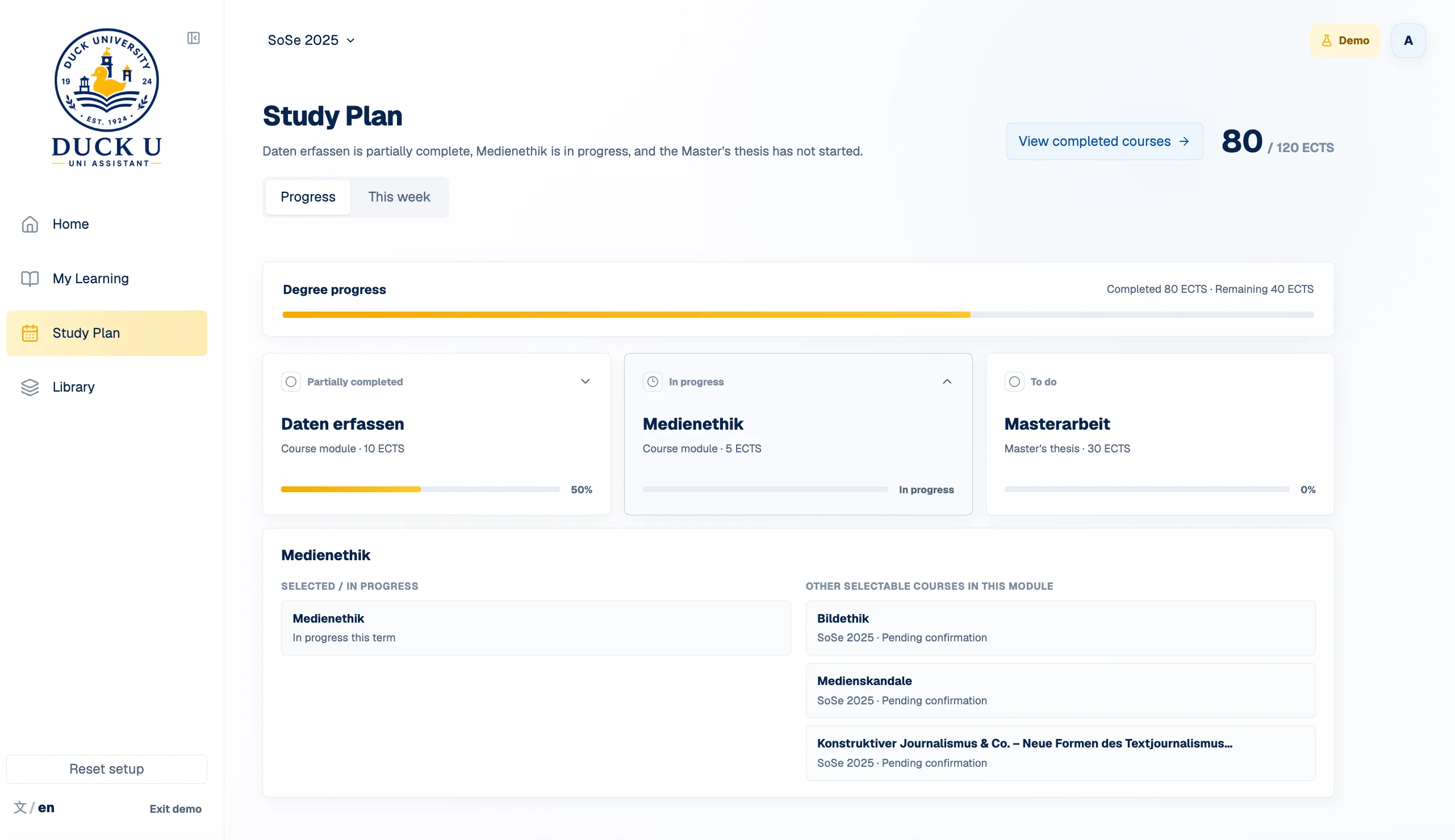 Study Plan with curriculum path and ECTS progress